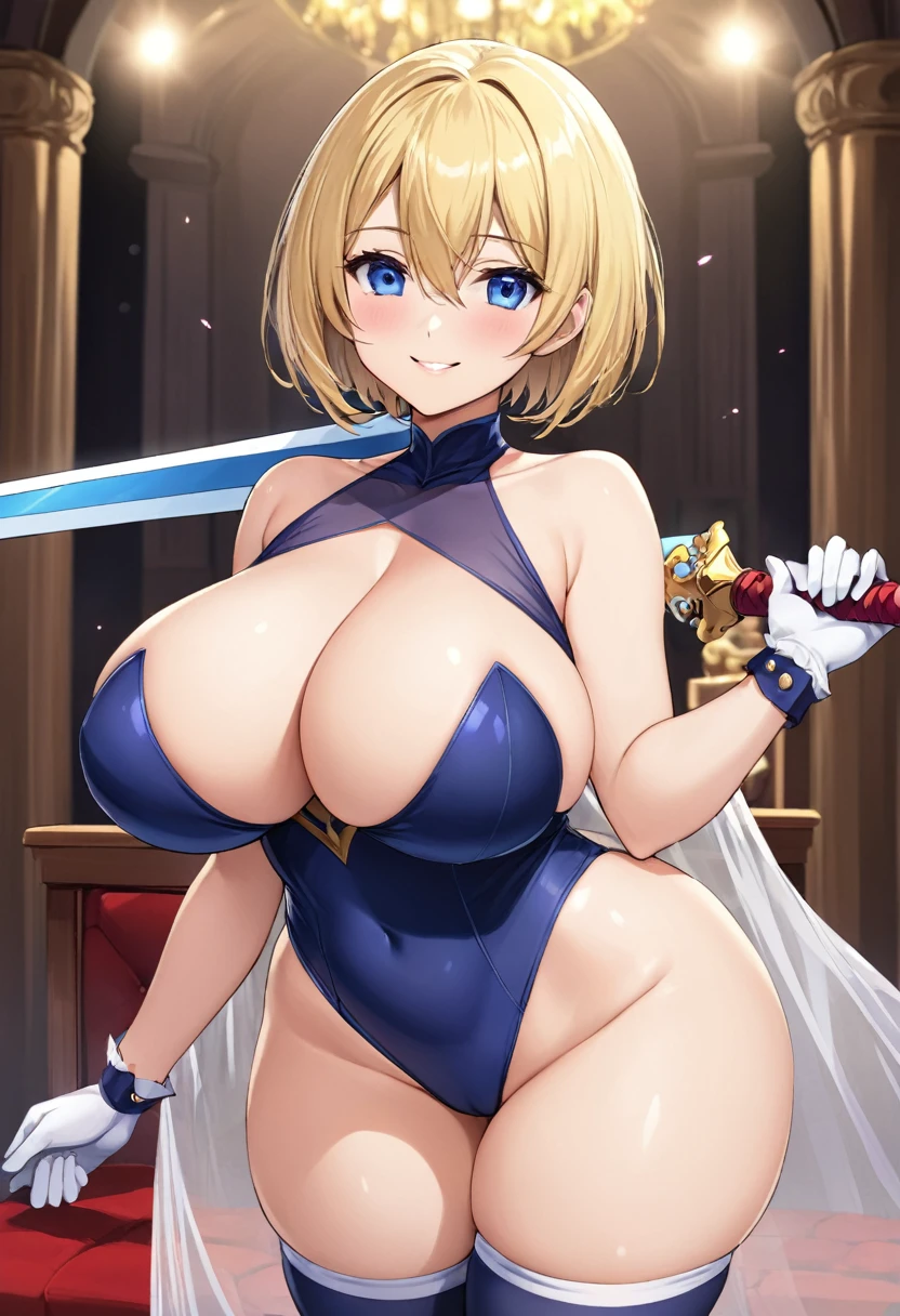 (One girl)、((short hair))、((Blonde))、(Sato Air)、((Big super breasts))、(Chubby)、beautiful girl、((Big thighs))、Blue Eyes、Navy blue leotard、No sleeve、Princess Knight、(hairs between eyes)、((thigh-high socks thighhighs))、(long gloves)、smile、((see-through))