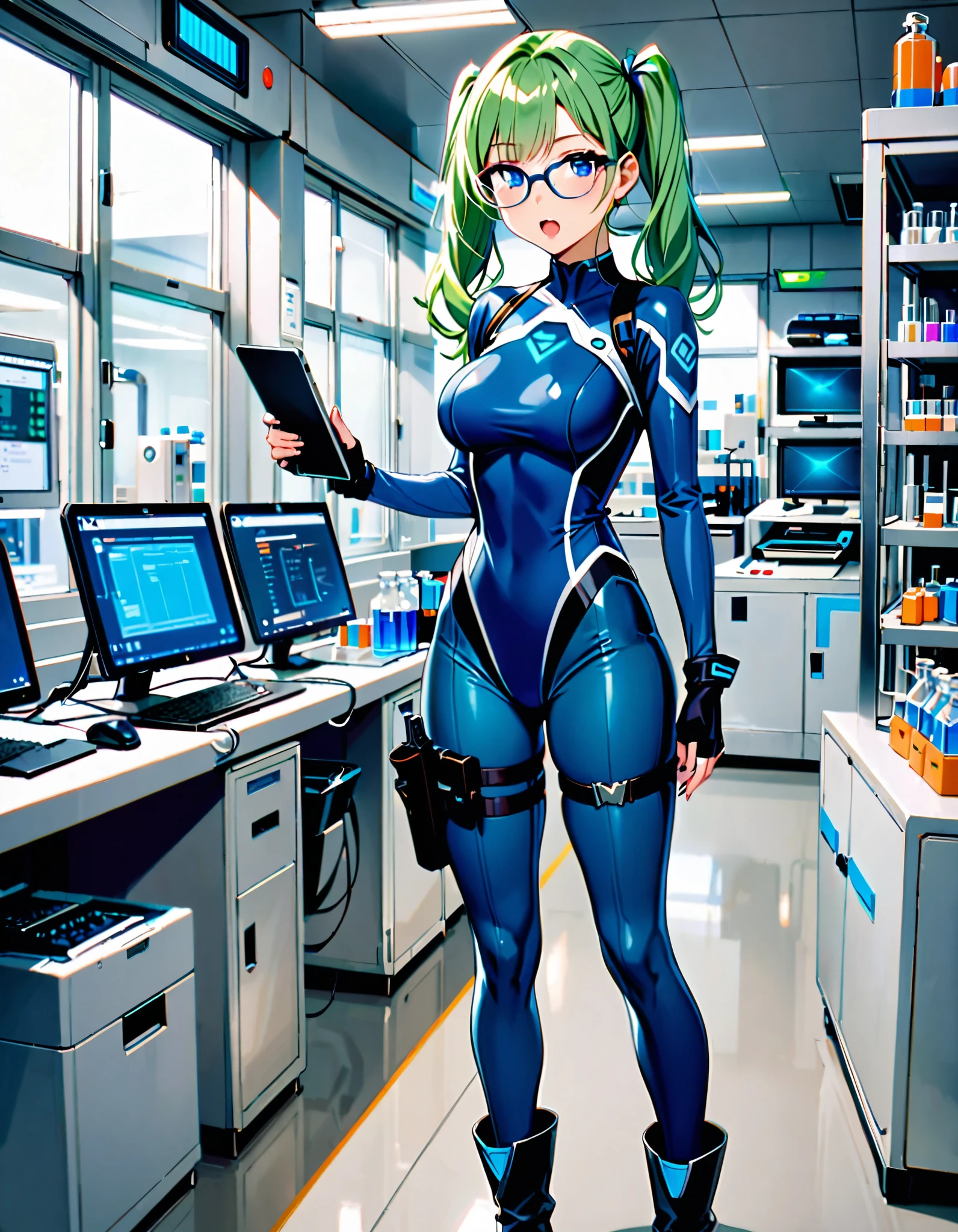 masterpiece, highly detailed, best quality, high quality, 1girl, (solo, solo focus), blue eyes, (cute eyes), beautiful detailed eyes, beautiful detailed face, perfect hands, complete fingers, perfect anatomy, perfect proportions, full body, gloves, green hair, pigtails, (blue skintight bodysuit, (blue leotard)), kochiy sanae, open mouth, (pistol holster, thigh holster, thigh strap), (full blue pantyhose, skintight blue leggings, perfect fit), ((glasses)), black boots, matching boots, fingerless gloves. laboratory, computers, holding tablet, curious look, standing. full body costume design