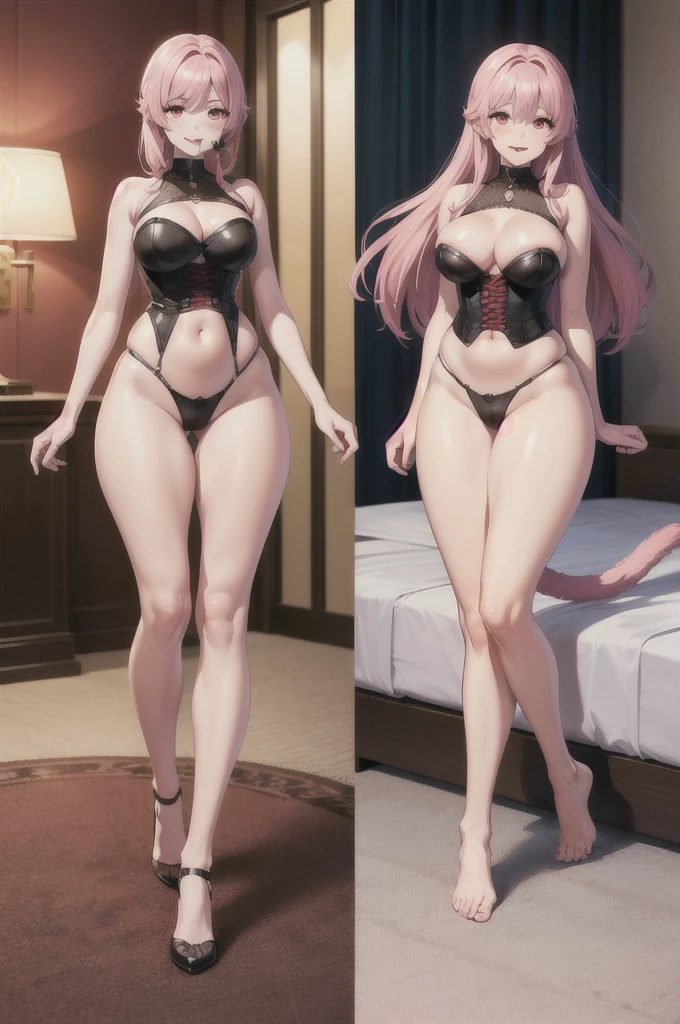 (brown skin), (pink hair), (hourglass-body:1.1), (bright deep red eyes:1.2), (drooling in the mouth:1.1), in a bed, fit figure, (legs spread open), (Tongue sticking out), (cat tail:1.1), arms complementary to body size, (red tongue:1.1), (excessively lubricated body), (succulent:1.1), ending, (in a hotel room), (cute underwear:1.1), (full body corset:1.2), (hairy humanoid), Abdomen, extremely long hair, (round breasts), (bubble butt), (Broad Hips:1.1), (Waist slender:1.1), (thick-thighs:1.2), (detailed face and eyes:1.2), (detailed hand and finger:1.2), (medium breasts:1.2), (busty), (deep decolte:1.2).