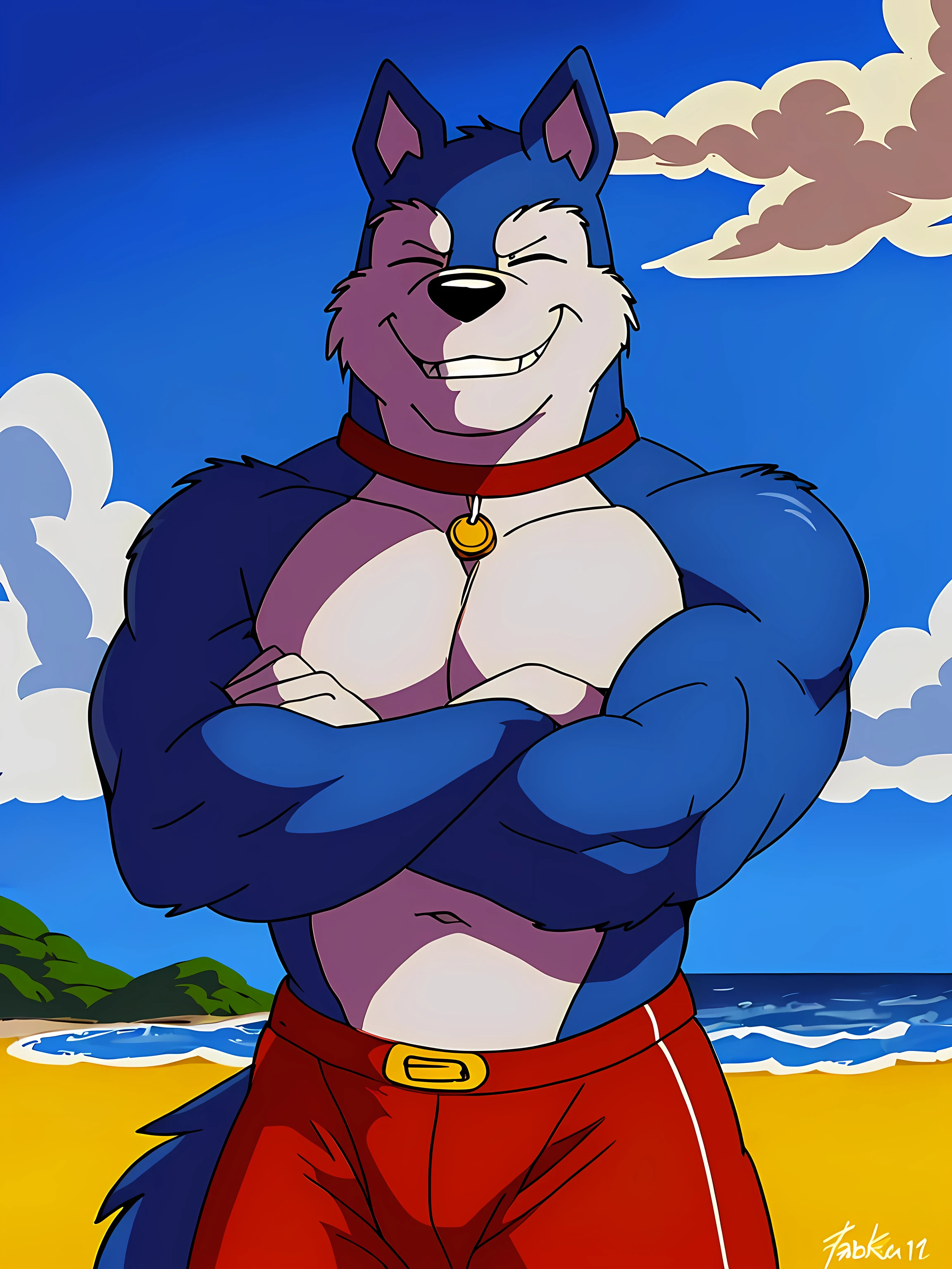 Exile (Road Rovers), blue fur, white fur, anthro, pointy ears, dog, solo, half body, muscular, red dog collar, pet tag coin, smile, high quality, best resolution, cel shaded, (blue eyes, detailed eyes):1.1, shirtless, bare chest, beach background, looking at camera, by wfa, by rossciaco, by seibear, by fabfelipe, red swim shorts, eyes closed, grin, happy, (crossed arms, arms crossed):1.1, front view