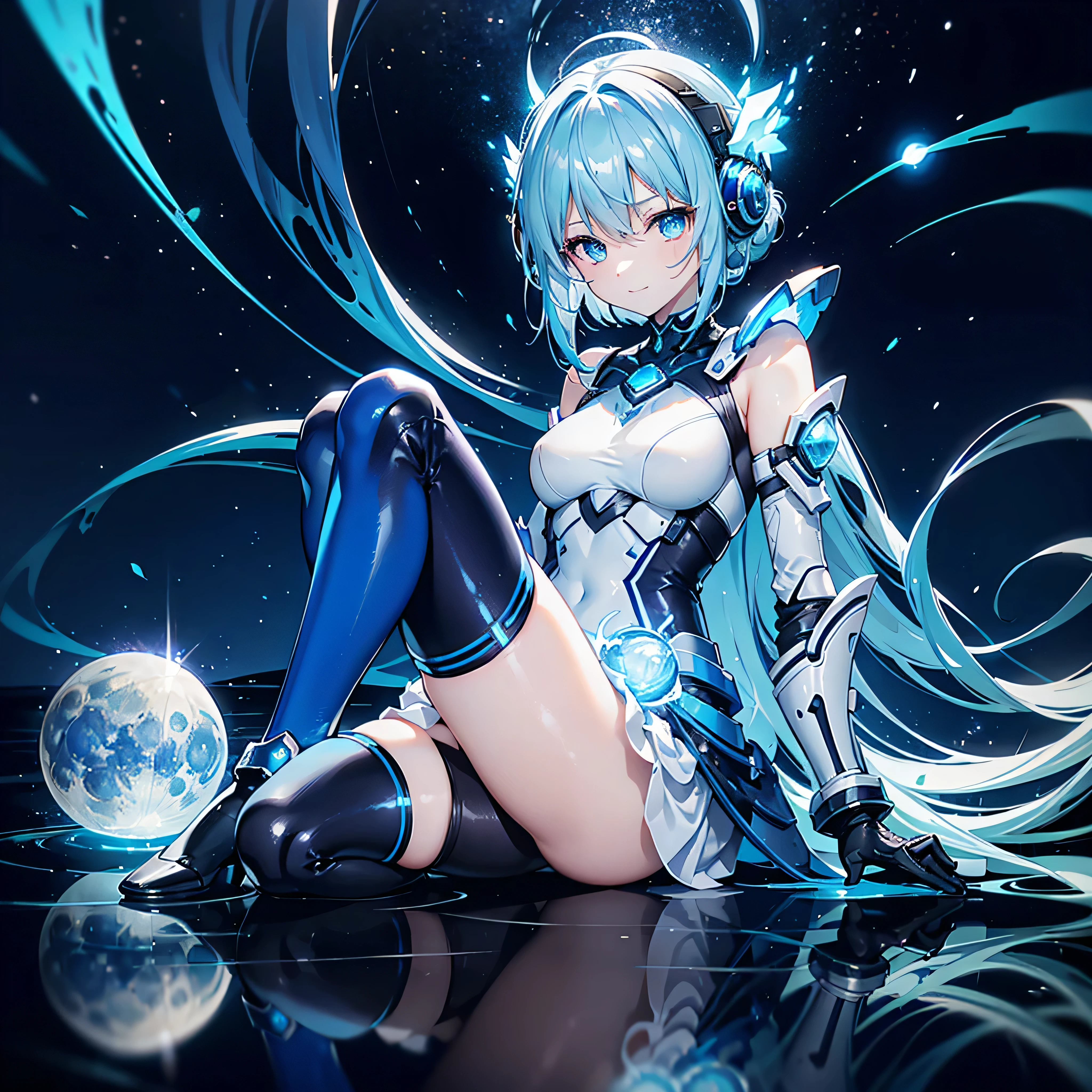 8K, Highest quality, (real:1.4), Original photo, 1 girl, Asari Hair, Biological Amplifier, Very sleek and futuristic armor, posture: Peace talks between warring factions,,attention arousal, smart blue eyes,A modest smile,Knee-high boots,Patent-look blue tights,Blue big moon and blue light swirl in the background,Blue light from behind,blue light magic,A small, glowing blue ball in the palm of your hand,Blue flame swirl,Blue Comet,Polished floor,