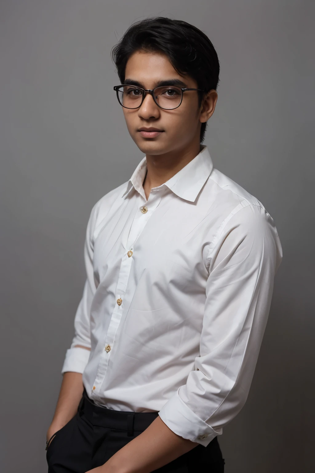 19 year old indian boy with fair skin wearing spectacles and narrow body posing a linkedin picture in formals