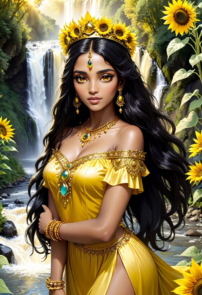 Saint Oshun with brown eyes, beautiful long black hair and a gold crown with a yellow dress in a river with a beautiful waterfall with sunflowers and a gold mirror in her hand gold bracelets on her wrists gold around her