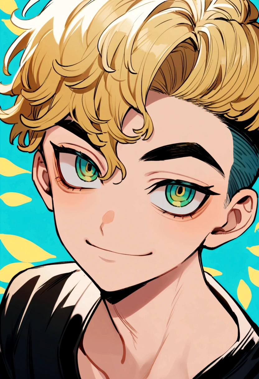 1 chico pet matsuno, tokyo revengers, blonde hair color on black bottom with an undercut, turquoise eye color (blue green) 1 here) in the left ear( calm look) and a slight smile