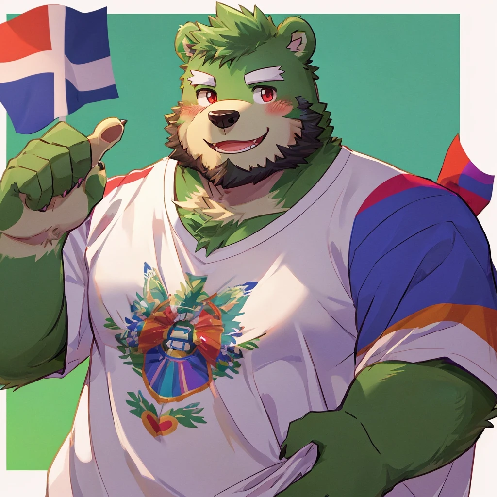 anthro, kemono, male, solo, (((green bear))), (((green fur))), green hair, red eyes, beard, white eyebrows, sexy, blush, wink, simple background, a white t-shirt with lgbt heart, wave an lgbt flag, 