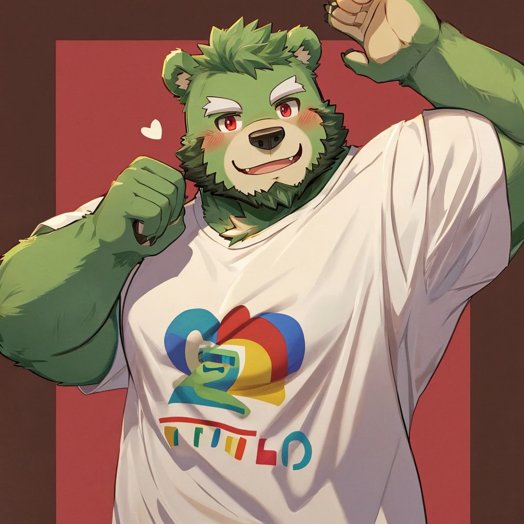 anthro, kemono, male, solo, (((green bear))), (((green fur))), green hair, red eyes, beard, white eyebrows, sexy, blush, wink, simple background, a white t-shirt with lgbt heart, wave an lgbt flag, 