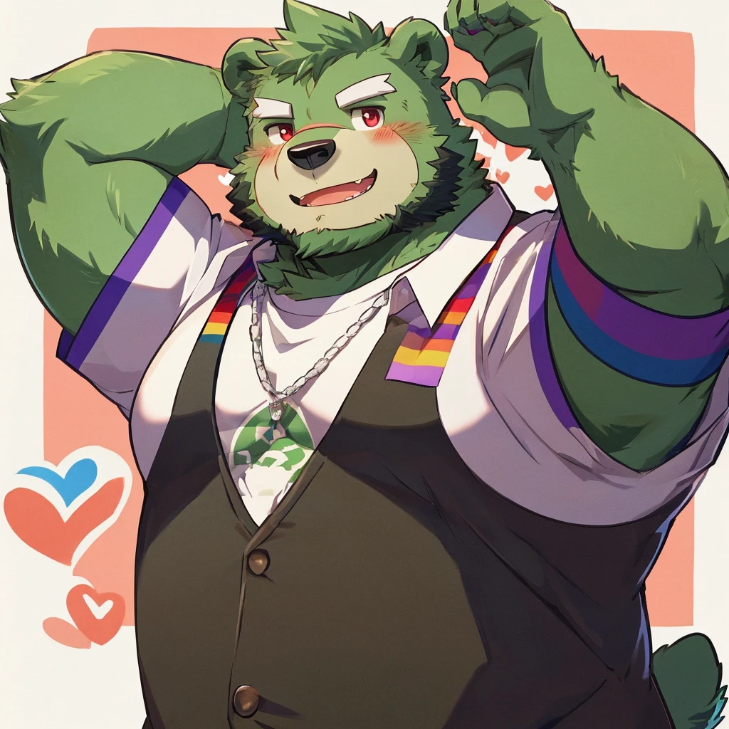 anthro, kemono, male, solo, (((green bear))), (((green fur))), green hair, red eyes, beard, white eyebrows, sexy, blush, wink, simple background, a white t-shirt with lgbt heart, wave an lgbt flag,