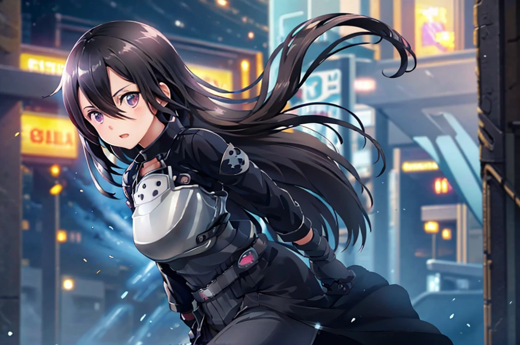 1 girl, cowboy shot, beautiful Kirito_GMOs, long hair, black hair, black eyes, on open air, Kirito_suit, night,city , volumetric lighting, Best quality, masterpiece, complex parts, tone mapping, sharp focus, hyper detailed, trending on artstation