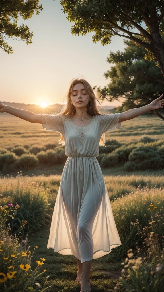 Create a visually stunning image that captures the essence of the phrase "Gratitude turns what we have into enough. Appreciate the little things and live with a grateful heart."scenario: A serene field at dawn, with a light fog and the sun rising over the horizon, projecting a soft golden light.elements: A person (or a figure) Standing on the field, Open arms, as if you are appreciating the beauty around you. Ao redor dela, small wildflowers and nature details, like butterflies, birds and trees.atmosphere: Convey a sense of peace, serenity and gratitude. The sunlight should create a halo effect around the figure, symbolizing enlightenment and appreciation.colors: Soft, warm tones, with a focus on natural colors like green, gold and soft blue to represent nature and the light of dawn.texto: Include the phrase "Gratitude turns what we have into enough. Appreciate the little things and live with a grateful heart." elegantly and subtly in the lower corner of the image, with a cursive or handwritten typography to add a personal, intimate touch.