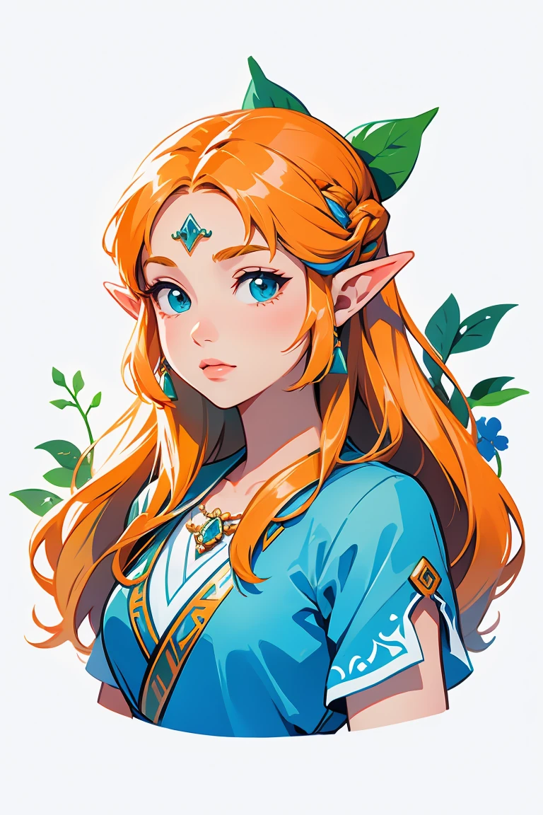 yxycolor,girl ,Beautiful and delicate princess zelda,Simple drawing、green,blue,orange color,illustration,green plants,A small number of flowers,clean background