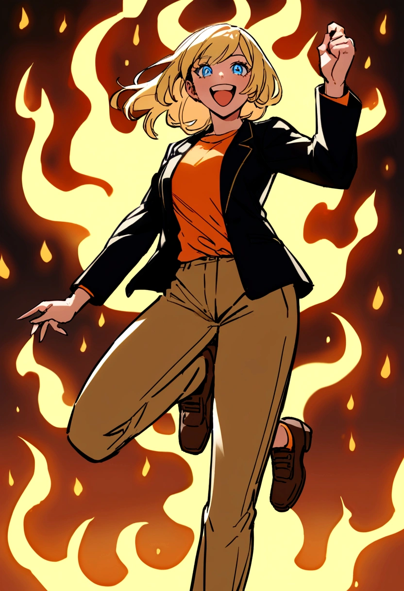 badass girl with long short blonde hair, blue eyes, orange shirt, black blazer, dark yellow pants, brown shoes, happy, with flames