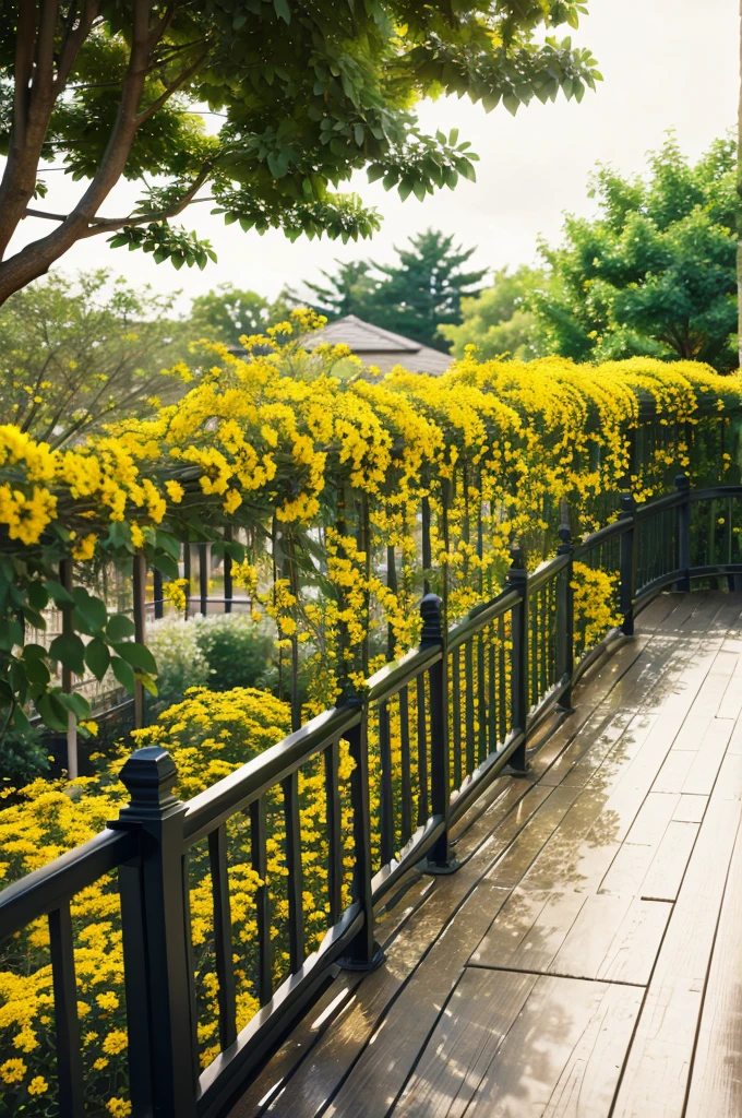 ( floor) (trees) (flowers railing ) ( bokeh blur ) Digital Background yellow