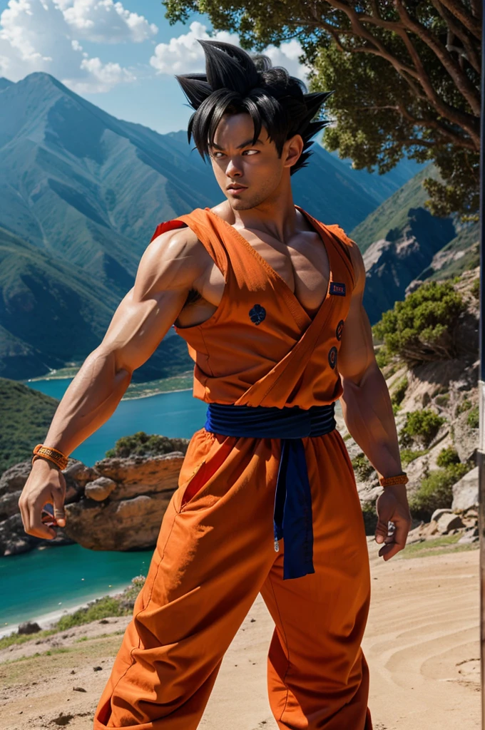 Goku from Dragon Ball in frontal position with one of his arms up, full body. ultra realistic image