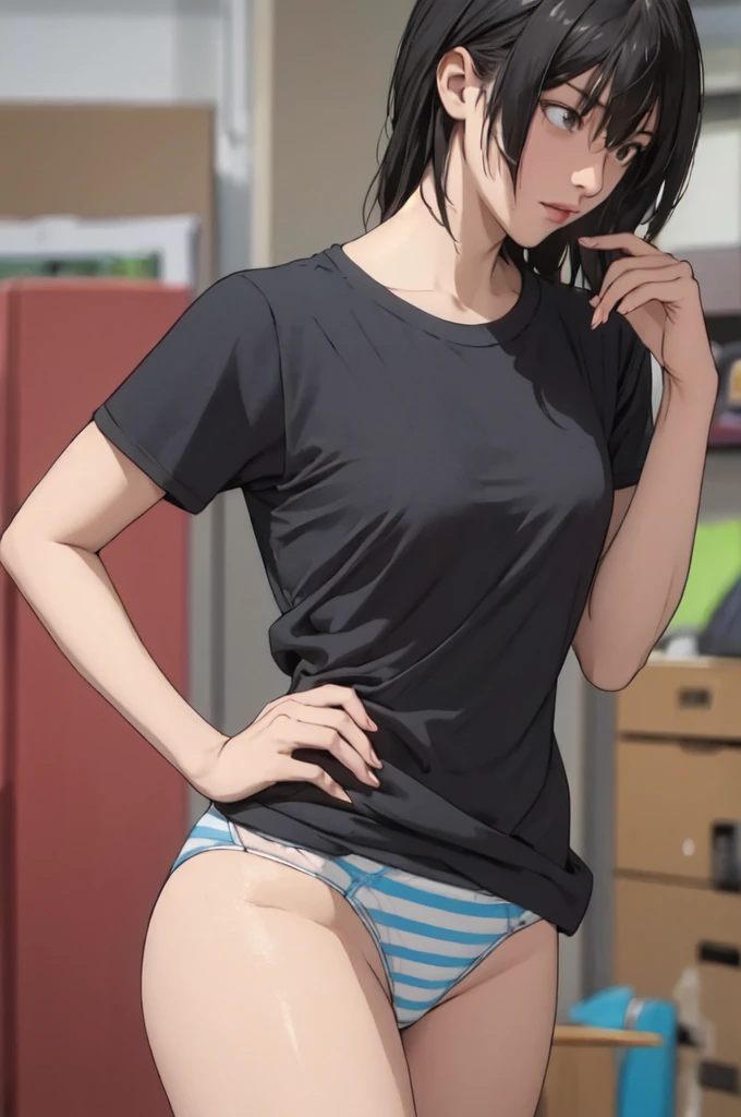 ((masterpiece, best quality)),((highres:1.2)), 1 Girl, solo, Blurred Background, (((Small breasts))), Thighs, (Stripe underwear), T-Shirts,