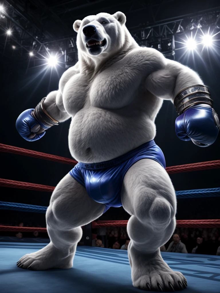 male anthro polar bear, chubby, dynamic pose, bust portrait, underwear, solo, realistic white fur, detailed background, bedroom, detailed whote fluffy fur, long fluffy fur, photorealism, fighting ring, hdr, short tail, crowd, purple stage light, blue leather gauntlet