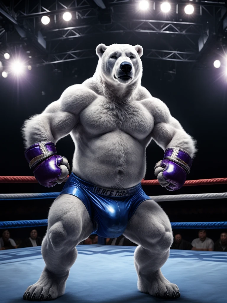 male anthro polar bear, chubby, dynamic pose, bust portrait, underwear, solo, realistic white fur, detailed background, bedroom, detailed whote fluffy fur, long fluffy fur, photorealism, fighting ring, hdr, short tail, crowd, purple stage light, blue leather gauntlet