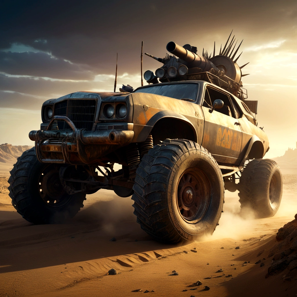 a powerful off-roader, post-apocalyptic, mad max style, weathered and dystopian, desert landscape, dramatic lighting, vibrant colors, gritty and rugged, heavily modified vehicle, massive wheels, spikes and armor plating, menacing presence, cinematic composition, ultra-detailed, 8k, photorealistic, dramatic angles, chiaroscuro lighting, volumetric fog, dust and grime effects, worn and battle-damaged, ominous atmosphere, cinematic depth of field, dramatic color grading, intense shadows and highlights