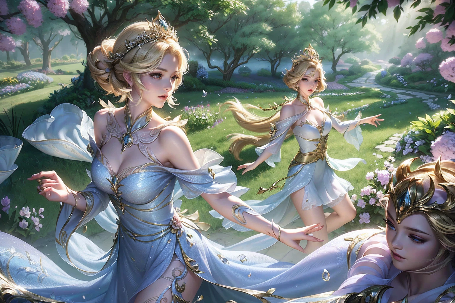 A beautiful young woman with short blonde hair, (pale skin with vitiligo), large doe eyes, delicate features, a soft and cute expression, wearing a flowing dress, in a whimsical fantasy setting, (best quality,4k,8k,highres,masterpiece:1.2),ultra-detailed,(realistic,photorealistic,photo-realistic:1.37),intricate details,porcelain skin,delicate floral crown,lush garden background,muted color palette,natural lighting,dreamlike atmosphere,ethereal,serene