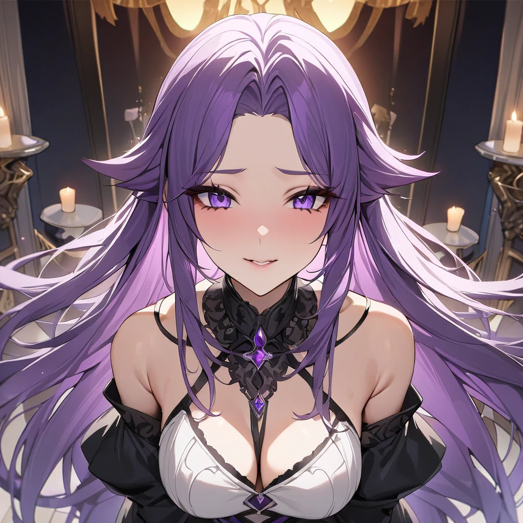 ((Highest quality)), ((masterpiece)), (detailed), （Perfect Face）、Princess of Moonbrooke with medium-long purple hair、In front of the gorgeous Devil&#39;s Altar