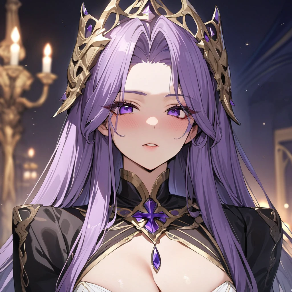 ((Highest quality)), ((masterpiece)), (detailed), （Perfect Face）、Princess of Moonbrooke with medium-long purple hair、In front of the gorgeous Devil&#39;s Altar