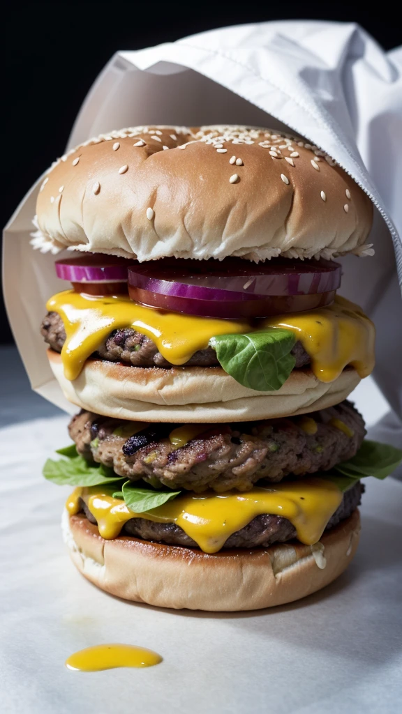 Realistic image of a very tasty burger with alfalfa inside on a white background, 8k resolution