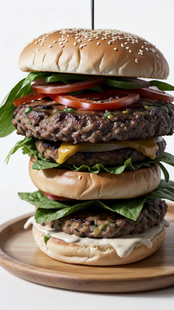 Realistic image of a very tasty burger with alfalfa inside on a white background, 8k resolution