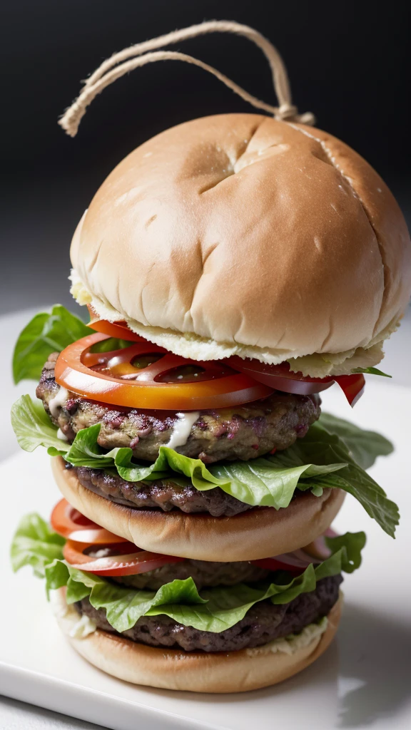Realistic image of a very tasty burger with alfalfa inside on a white background, 8k resolution