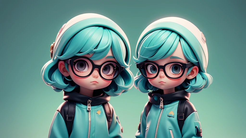 Girl chibi with light blue pullover, black eyes, tiny black glasses, apple green hair, short texture crop style hair.