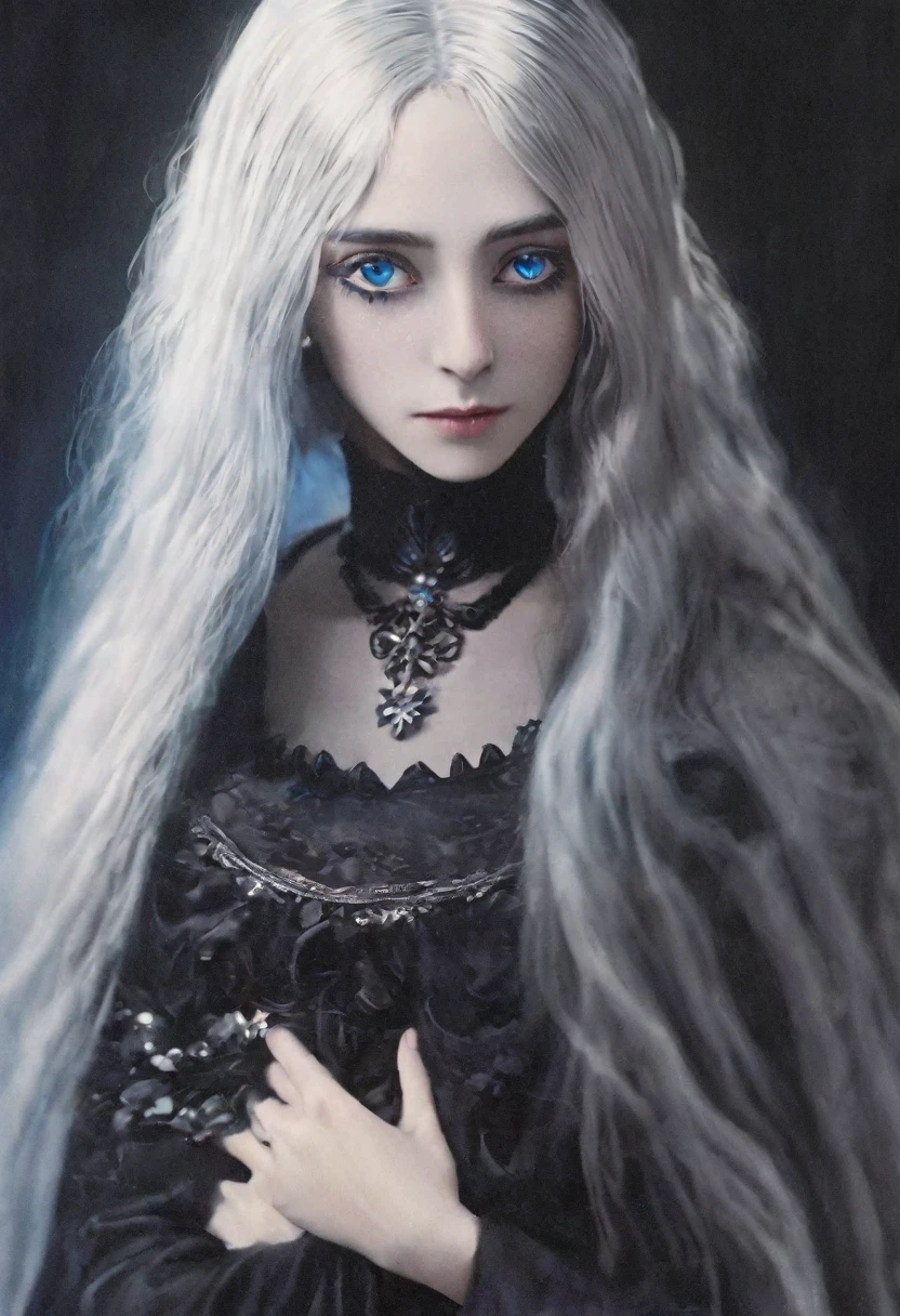 a beautiful woman with long white hair and blue eyes, pale skin, expression of sadness, wearing a black victorian dress, open neckline, long breasts, in a dark horror environment, (best quality,8k,highres,masterpiece:1.2),ultra-detailed,(realistic,photorealistic:1.37),dark art,dramatic lighting,chiaroscuro,moody,gothic,cinematic,dramatic,highly detailed face,extremely detailed eyes and face,longeyelashes,beautiful detailed lips,beautiful detailed eyes,1woman