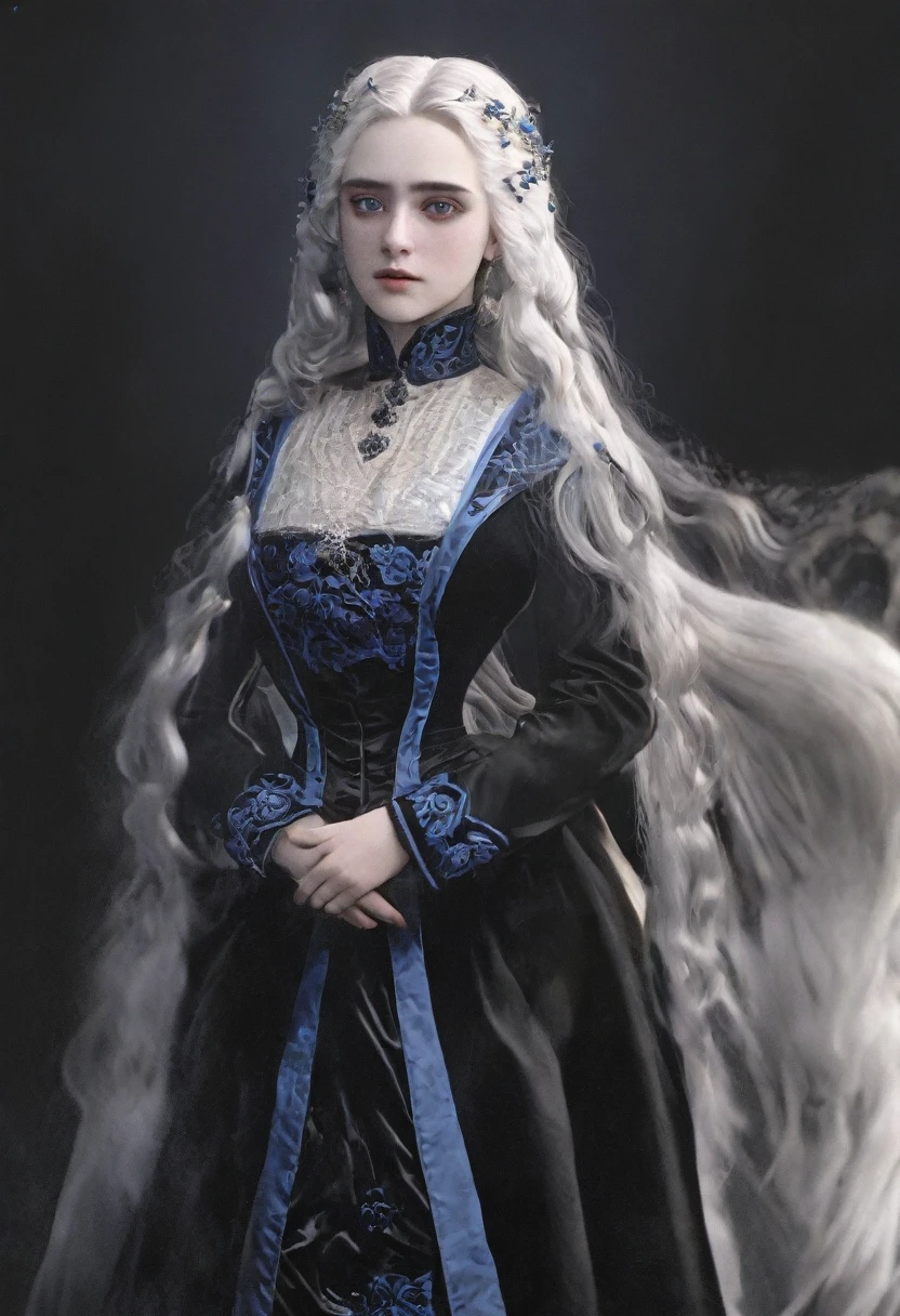 a beautiful woman with long white hair and blue eyes, pale skin, expression of sadness, wearing a black victorian dress, open neckline, long breasts, in a dark horror environment, (best quality,8k,highres,masterpiece:1.2),ultra-detailed,(realistic,photorealistic:1.37),dark art,dramatic lighting,chiaroscuro,moody,gothic,cinematic,dramatic,highly detailed face,extremely detailed eyes and face,longeyelashes,beautiful detailed lips,beautiful detailed eyes,1woman