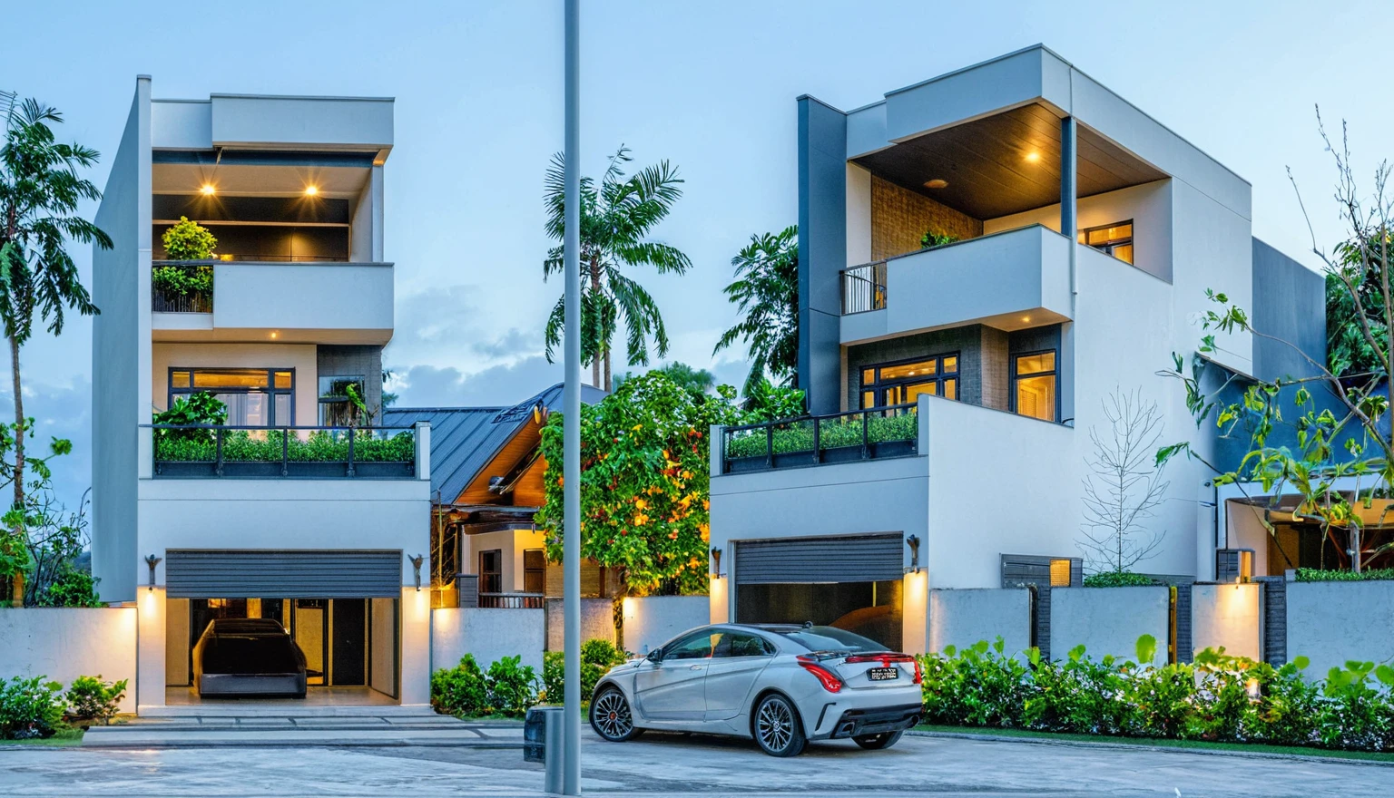 Masterpiece, high quality, best quality, authentic, super detail, outdoors, onestoreyvillaXL, aiaigroup, house style modern on the street ,stairs, white wall ,road,pavement, grass, trees, sky, cloud, (daylight:1.1)
