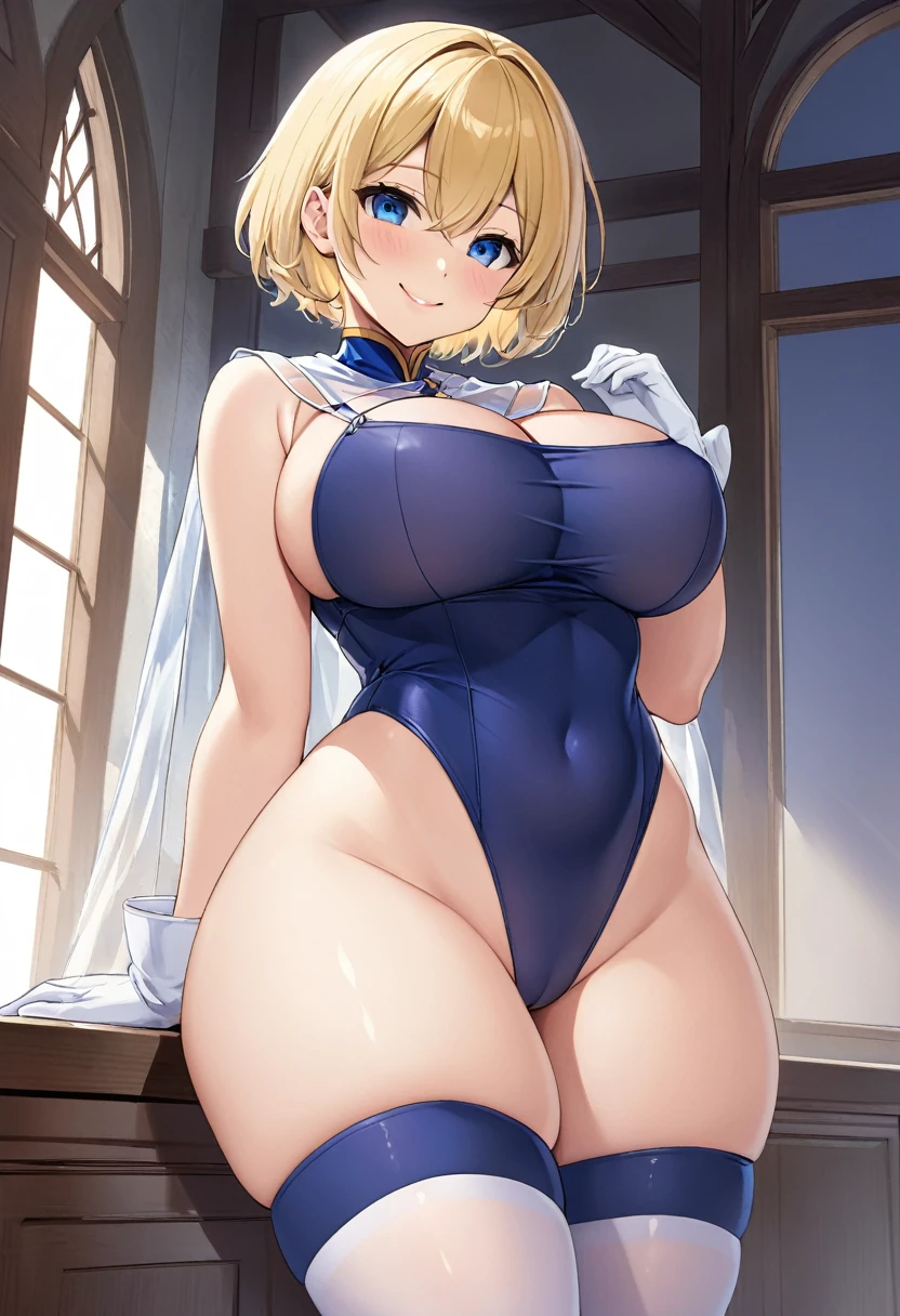 （One girl）、((short hair))、((Blonde))、（Sato Air）、(boyish)、((Big super breasts))、(Chubby)、beautiful girl、((Big thighs))、Blue Eyes、Navy blue leotard、No sleeve、Princess Knight、(hairs between eyes)、((thigh-high socks thighhighs))、(long gloves)、smile、((see-through))
