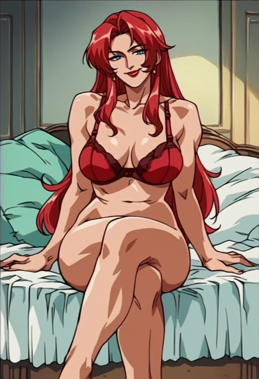 rating_explicit, beautyful mature woman, red bra, redhair, red hair, long hair, blue eyes, red lipstick, encorped body, sit in bed, crossed legs, naughty smile