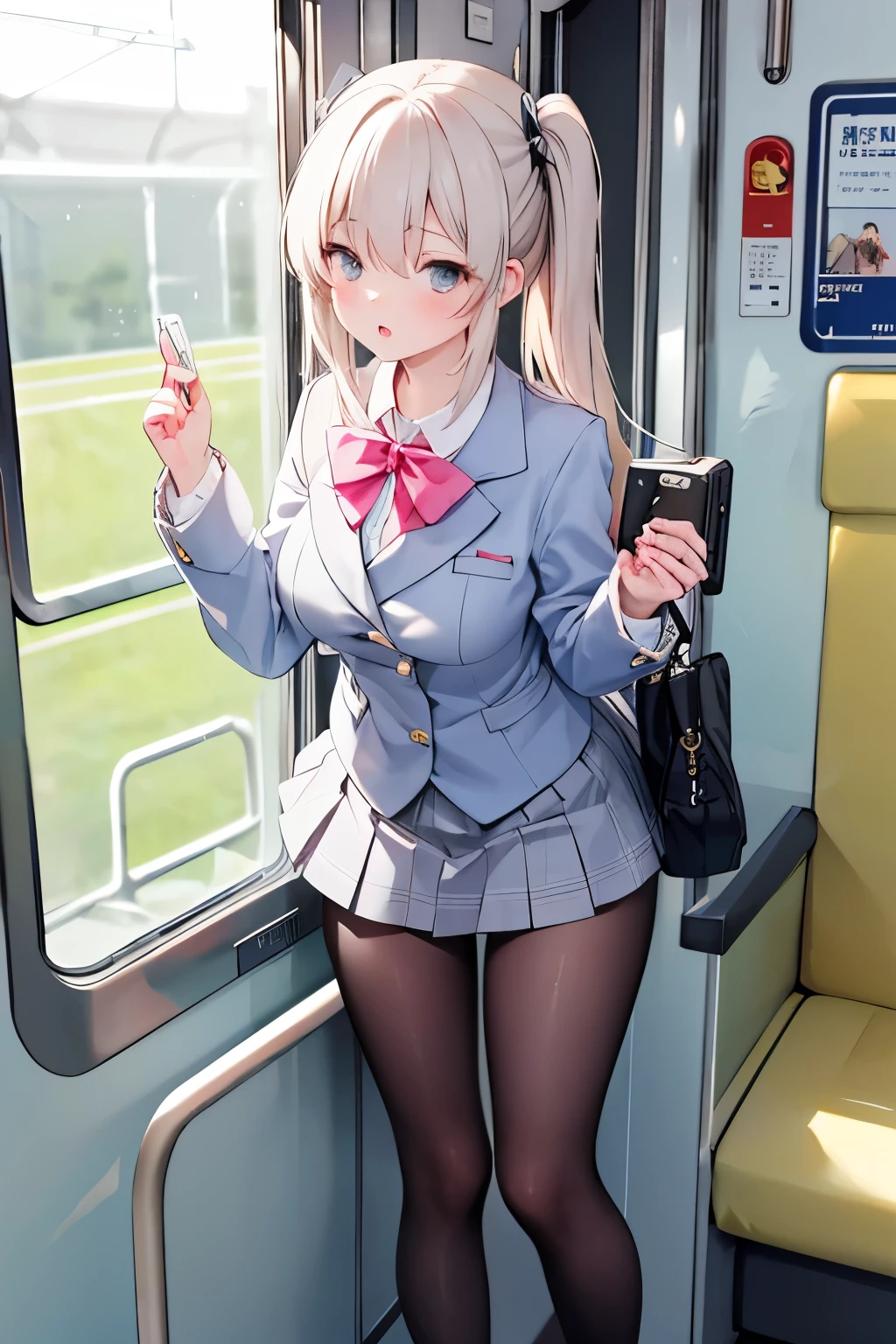 (8K、Highest quality、highest quality、masterpiece)、Detailed face、One girl、ONE boy、Ayanami、No corners 、long hair、、blunt bangs、Grey Eyes、、、((Blazer jacket))、((White shirt))、((Pleated skirt))、((No panties))、((bent over))、on the train、Standing in front of the train door、Sticks to the door glass、((Pressing her chest against the train window 1.6))Spread your legs、Very large breasts、Nipples are visible、、Black Pantyhose、Milk dripping from nipples、Milk spurting from the nipple、、Open your mouth、Troubled face、Close ~ eyes、Love juice、Full body portrait、Masturbation、Put the vibrator in the crotch、Black Loafers、