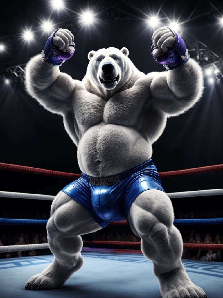 male anthro polar bear, huge muscular chubby, dynamic pose, bust portrait, underwear, solo, realistic white fur, detailed background, bedroom, detailed whote fluffy fur, long fluffy fur, photorealism, fighting ring, hdr, short tail, crowd, purple stage light, blue leather gauntlet