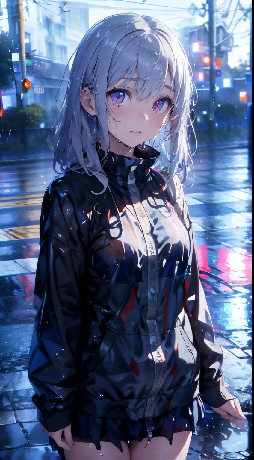 ( Highest quality,4K,8K,High resolution,masterpiece:1.2),Super detailed,(Realistic,photoRealistic,photo-Realistic:1.37),rainy scene,stress,Outdoor,Gloomy atmosphere,Realistic droplets on the face,Soaked clothes,Dark colors,despair,Devastation,Lonely,Lost in Thought,Emotional,Wet roads,Apply mascara to your face,Tears ran down my cheeks.,Rain-soaked hair,Water dripping from hair,Shrug,Visible sadness,Pouring rain,thunderstorm,Severe Weather,Tragic,Deep sorrow,heartache,negative emotion,despairing expression,Cold and wet,pale,Heavy rain,Wet pavement,Tears fall rapidly,Lonely,Devastation,Silver Hair,lake
