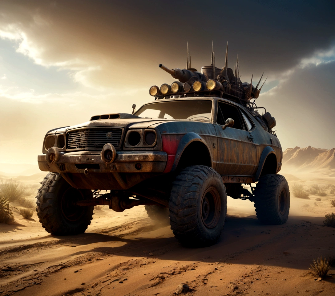 a powerful off-roader, post-apocalyptic, mad max style, weathered and dystopian, desert landscape, dramatic lighting, vibrant colors, gritty and rugged, heavily modified vehicle, massive wheels, spikes and armor plating, menacing presence, cinematic composition, ultra-detailed, 8k, photorealistic, dramatic angles, chiaroscuro lighting, volumetric fog, dust and grime effects, worn and battle-damaged, ominous atmosphere, cinematic depth of field, dramatic color grading, intense shadows and highlights