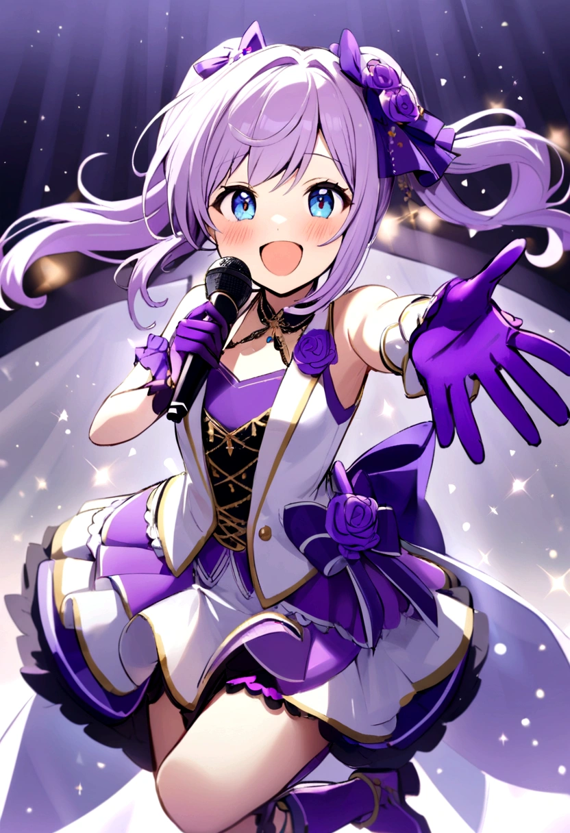 cute and beautiful idol girl with purple pony tail hair, light blue eyes, white and purple shirt, white and purple skirt, purple gloves and purple boots with a microphone on her hand, happy