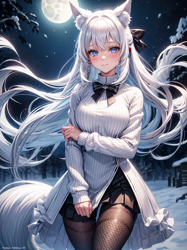 Anime, 1girl, white hair, blue eyes, glowing eyes, fishnet leggings, white winter sweater, mini-skirt, slight smile, blush, night, moon, moonlight, village, kitsune girl, fox plush, nine tailed girl, snow, white neck bow, fox ears, black tight leggings,
