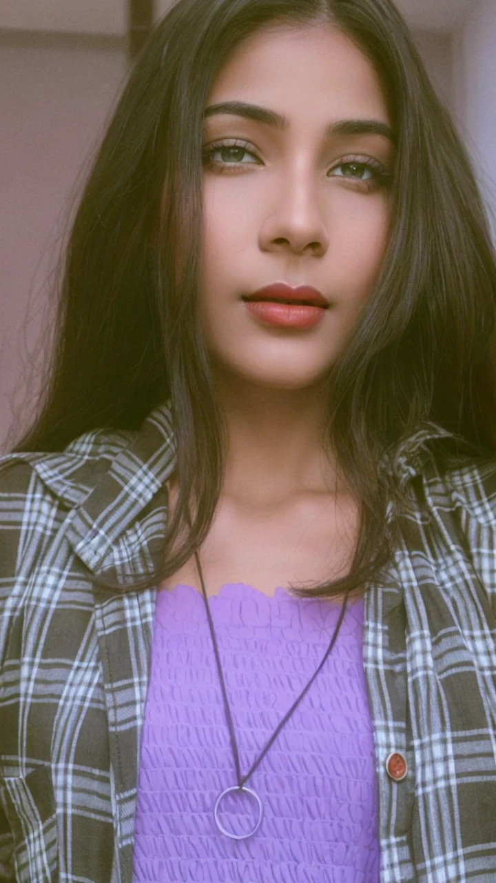 big , night bokeh effect background, perfect pink eyes, fantastic face, Indian, beautiful look, ((red lips, bright eyes, curve heir 1.5)), ((beautiful details body)), A glorious gorgeous, glorious gorgeous face, pretty face, bright eyes, detailed elegant printed shirt, updo elegant hair, blurred gray tones background, ultra focus, face ilumined, face detailed, 8k resolution, painted, dry brush, brush strokes,