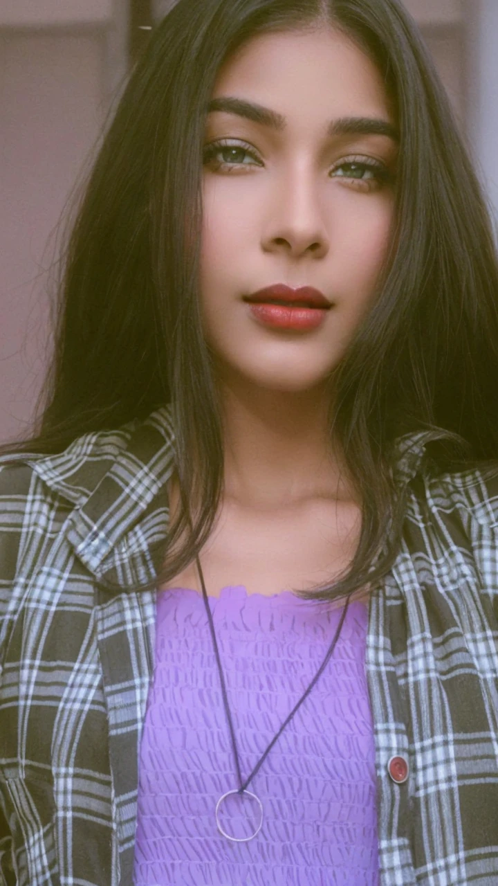 big , night bokeh effect background, perfect pink eyes, fantastic face, Indian, beautiful look, ((red lips, bright eyes, curve heir 1.5)), ((beautiful details body)), A glorious gorgeous, glorious gorgeous face, pretty face, bright eyes, detailed elegant printed shirt, updo elegant hair, blurred gray tones background, ultra focus, face ilumined, face detailed, 8k resolution, painted, dry brush, brush strokes,