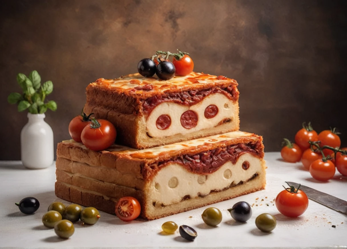 the sweet cake is rectangular in shape, on a white background, on top of the cake is written Osteria Mario and Швили, the cake should contain elements of pizza, spaghetti, eggplant rolls, khachapuri, tomatoes, olives