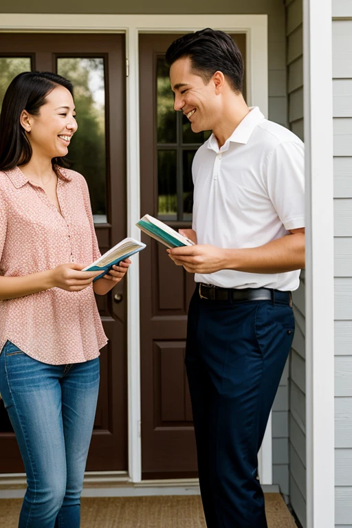 Make me an image of two people talking, handing out a brochure at the door of a house in a subdivision. 
