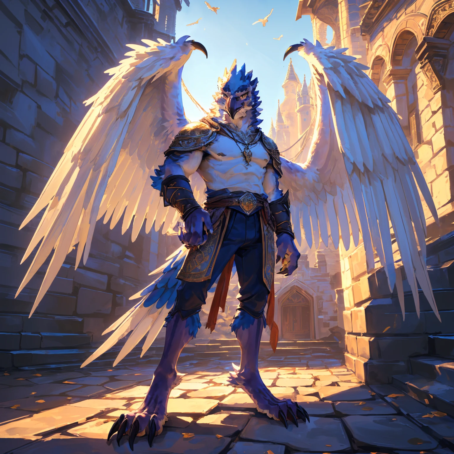 ((middle Ages:1.3)),【Castle Background:1.6】,(Royal Family:1.2),sunny,high resolution,4K,【9:16 Whole body:1.1,Strike a pose:1.5】,masterpiece,high quality,((Griffin)),male,Furry,(teenager:1.3),hairy,((Fierce and vicious:1.4)),(((Lean:1.2,Big Wings:1.3,Bird claws子:1.3))),(((White upper body:1.4))),(((White Wings:1.3))),(((pupil:1.2))),(((Bird claws:1.3))),(((Long legs:1.3))),((No shirt,No underwear)),Exquisite eyes,Detailed body,Detailed claws,Detailed feet,Kenket's Art