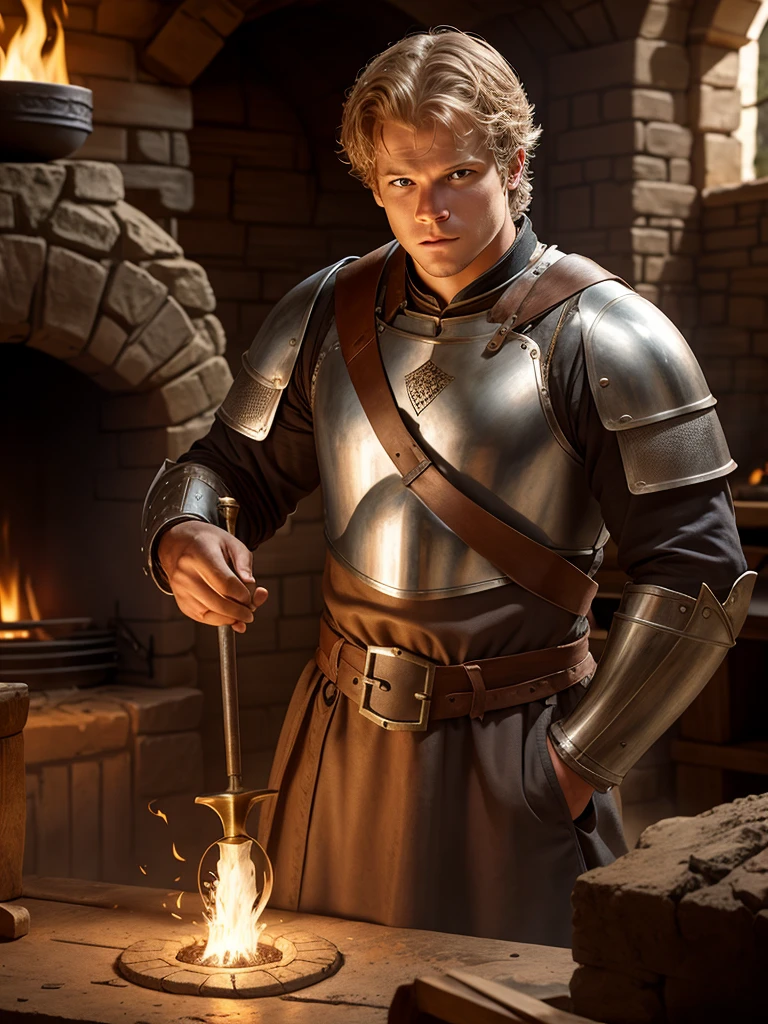 Christopher Egan as a handsome medieval knight in the forge forging a horseshoe