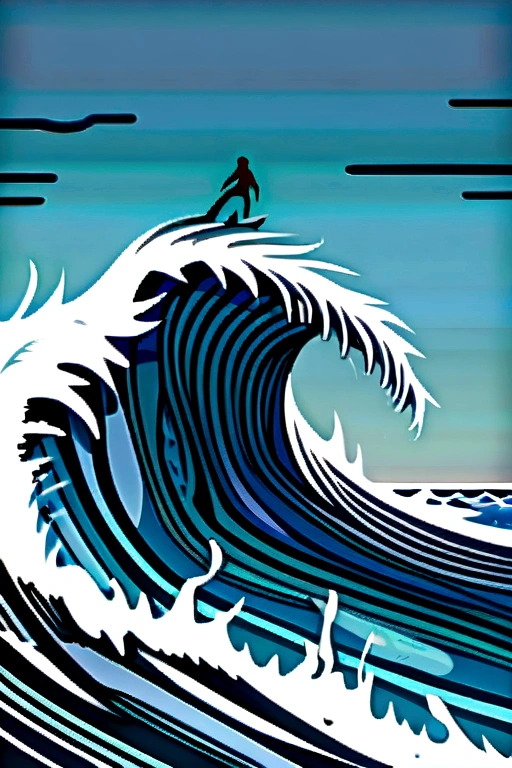 a human skeleton standing surfing on a surfboard on the beach in high waves being chased by a shark anime painting style
