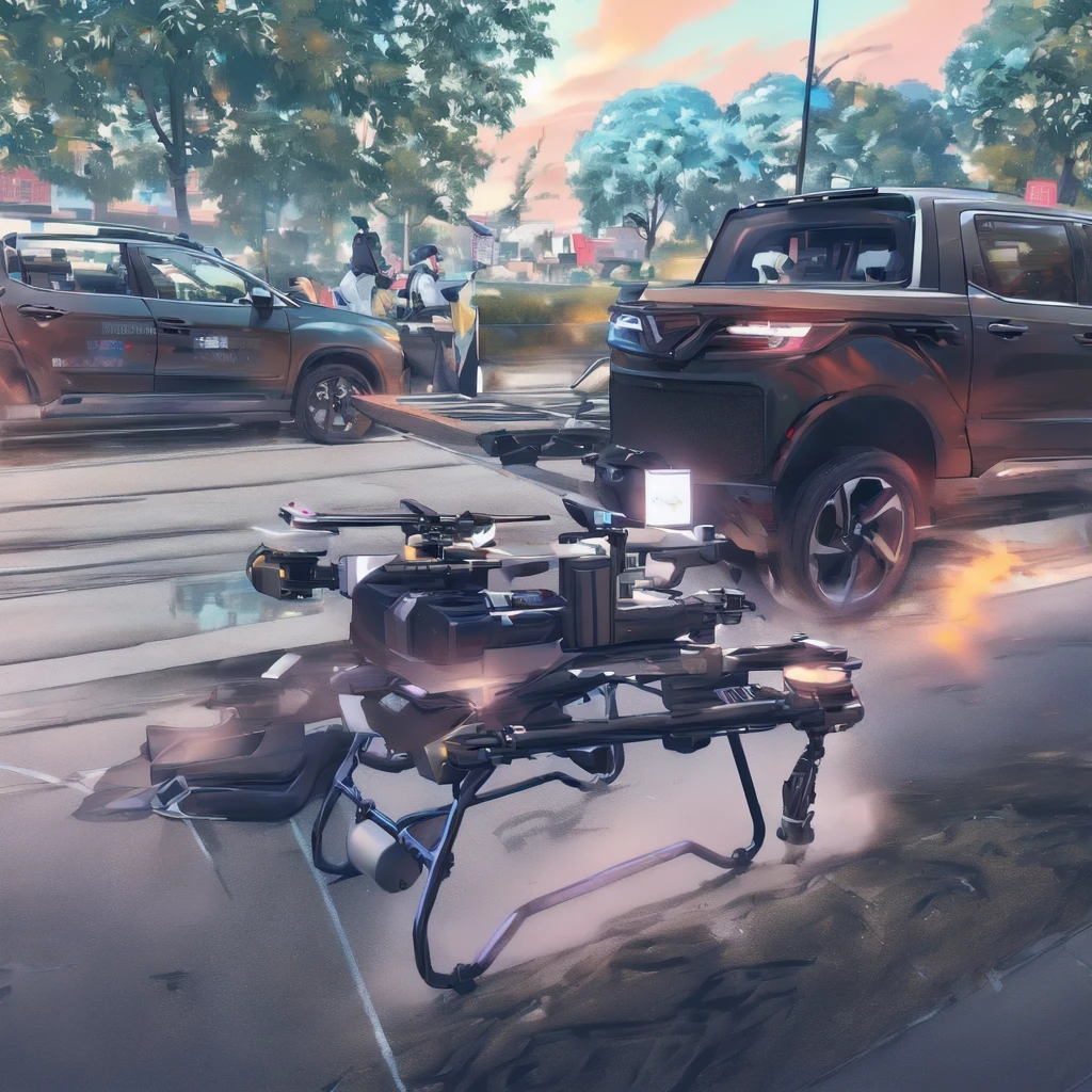 on the road,一架小型Drones放在汽车旁边, Drones, Secure delivery, DIY, new vehicle, Give way, high technical, Another one for flying, High Angle View, 80 thousand, 80 thousand, 军用Drones, high quality图片, high, The real situation, high quality, 警用Drones, vehicle, High Detail