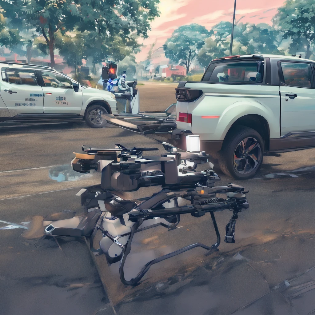on the road,一架小型Drones放在汽车旁边, Drones, Secure delivery, DIY, new vehicle, Give way, high technical, Another one for flying, High Angle View, 80 thousand, 80 thousand, 军用Drones, high quality图片, high, The real situation, high quality, 警用Drones, vehicle, High Detail