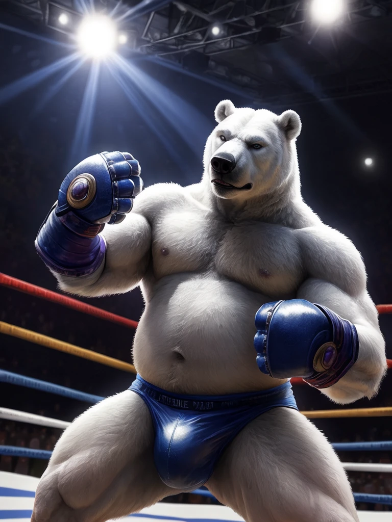 male anthro polar bear, huge muscular chubby, dynamic pose, bust portrait, underwear, solo, realistic white fur, detailed background, bedroom, detailed whote fluffy fur, long fluffy fur, photorealism, fighting ring, hdr, short tail, crowd, purple stage light, blue leather gauntlet