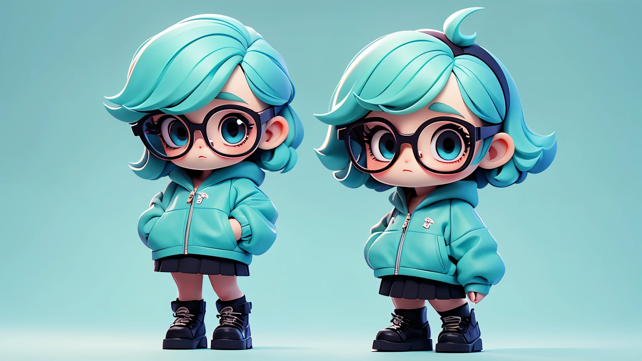 Girl chibi with light blue pullover, black eyes, tiny black glasses, apple green hair, short texture crop style hair.